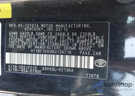 2011 Toyota Camry Se z USA, uszkodzony, nr VIN 4T1BF3EK9BU136718